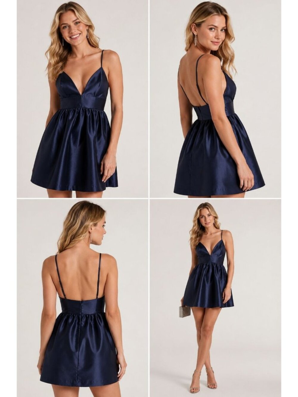 NWT Lulus Women's S Passion Navy Blue Taffeta Skater Mini Dress V-Neck